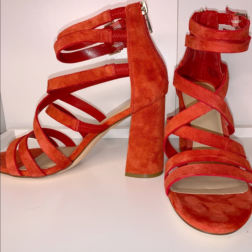 Red strappy block heel